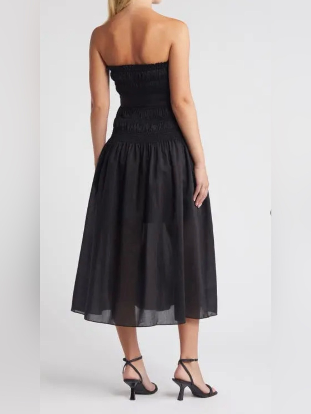 Moon River Smocked Strapless Black Midi Dress - Picture 3 of 15